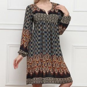REBORN Brown Fleur-de-lis Notch Neck Dress, Sz L